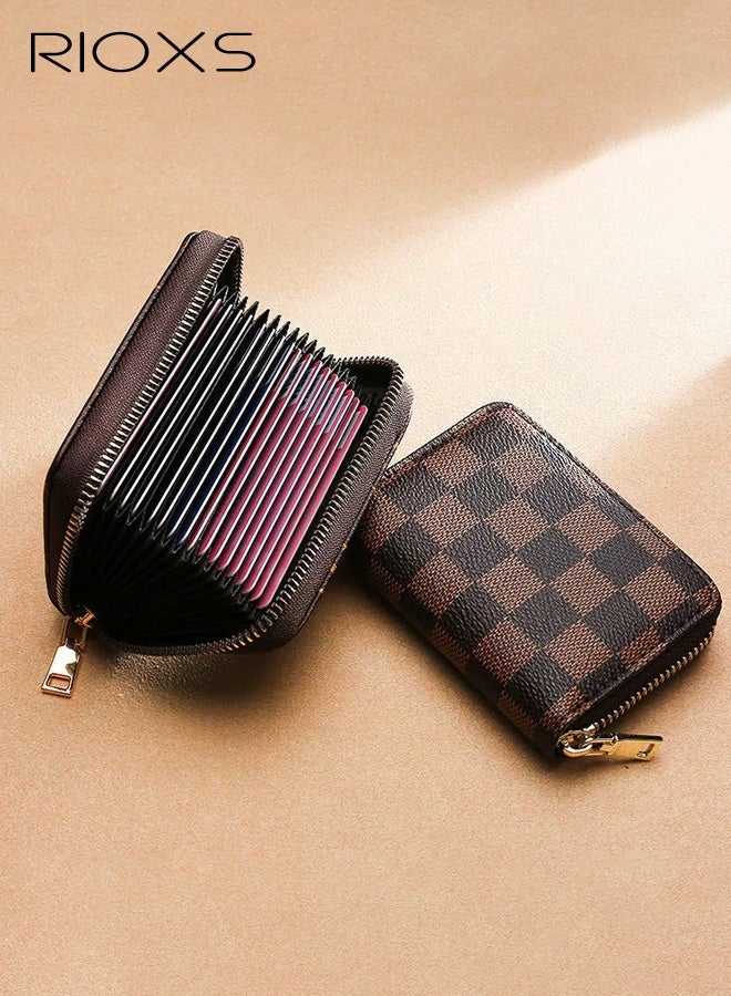 ريوكس محفظة رفيعة للغاية متعددة الوظائف للجنسين مع حماية RFID وفتحات متعددة للبطاقات وجيب للنقود المعدنية وحامل بطاقات صغير الحجم مع 18 فتحة للبطاقات وفواصل، بنمط مربعات بنية اللون - إكسسوار أساسي للاستخدام اليومي، 11*8*3 سم - Image 2